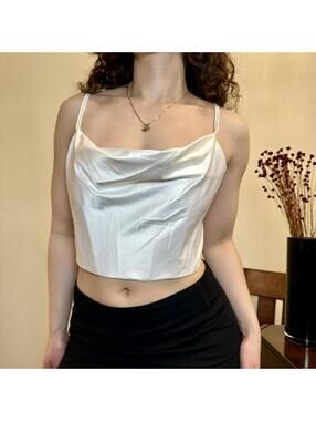 Windsor Corset Crop Top Size Small White Satin w/ Cowl Neck & Adjustable Straps